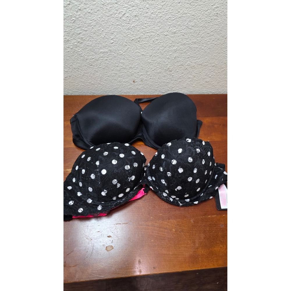 Victoria's Secret PINK Bra Set 2pk Women 34D Black Polka Dot Lace T-Shirt‎ Bra